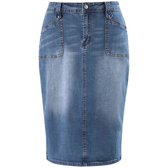 stretchy denim midi skirt